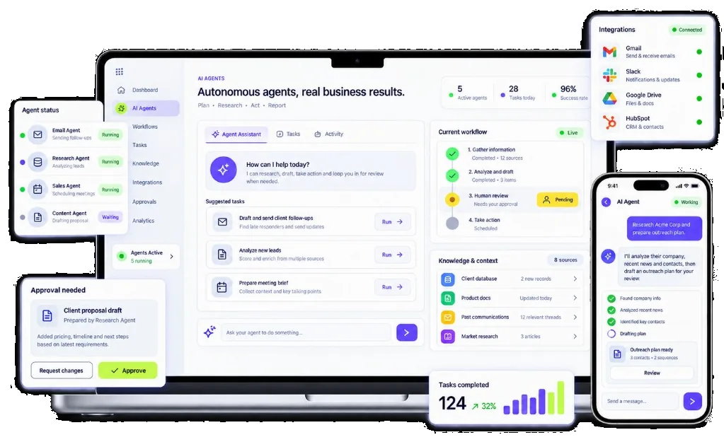 Desktop and mobile views of an AI agent workspace showing tasks, approvals, integrations and a human review step
