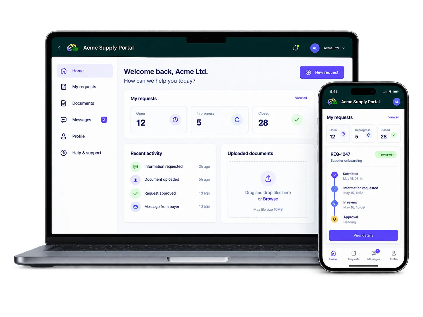 Desktop and mobile views of a branded portal showing requests, documents and status tracking